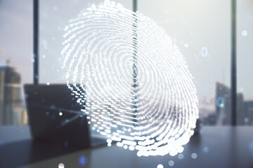 Poster - Multi exposure of abstract fingerprint scan interface and modern desk with computer on background, digital access concept