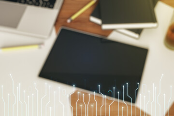 Poster - Double exposure of circuit hologram and digital tablet on background, top view. Research and development hardware concept