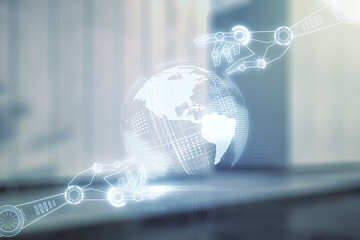 Aufkleber - Abstract virtual robotics technology hologram with globe sketch on blurry modern office building background. Robot development and automation concept. Multiexposure