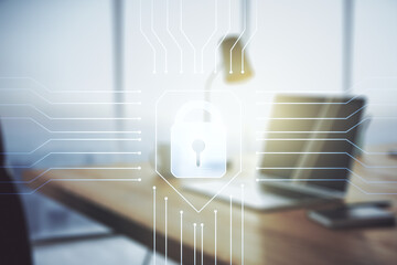 Poster - Creative light lock illustration with microcircuit on modern computer background, cyber security concept. Multiexposure