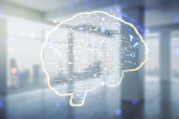 Poster - Virtual creative artificial Intelligence hologram with human brain sketch on empty corporate office background. Multiexposure
