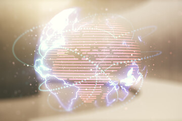 Poster - Double exposure of abstract digital world map hologram with connections on empty room interior background, big data and blockchain concept