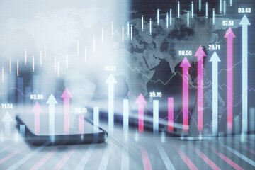 Poster - Smaprtphone and laptop on desktop with glowing stock chart hologram