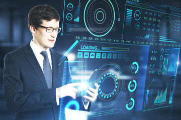 Aufkleber - Businesswoman using tablet with abstract big data interface.