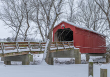 Beautiful Red Snowy Covered Bridge At Christmastime In Central Illinois.
