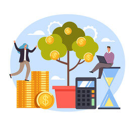 Wall Mural - Successful start up money tree new business teamwork concept. Vector flat graphic simple illustration