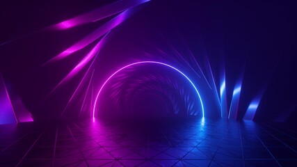 Poster - looping 3d animation, abstract ultraviolet futuristic background, spinning tunnel with pink blue neo