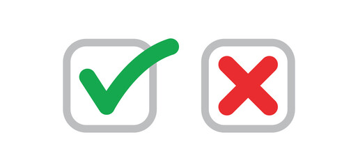 Check mark icons. Green tick and red x. Approval and decline symbols.