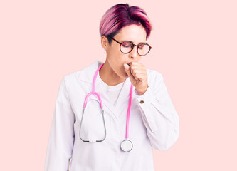 Sticker - Young beautiful woman with pink hair wearing doctor uniform feeling unwell and coughing as symptom for cold or bronchitis. health care concept.