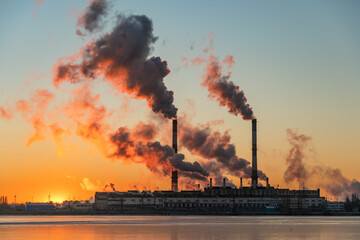 Power plant, smoke from the chimney. Air pollution environmental contamination, ecological disaster earth planet problems concept.