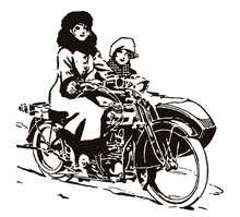 Two Smiling Young Women From The Early 20th Century Riding Classic Motorcycle With Sidecar, In Three-quarter View