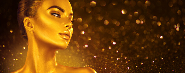 Wall Mural - golden skin make-up, woman face portrait closeup. model girl with holiday golden glamour shiny profe