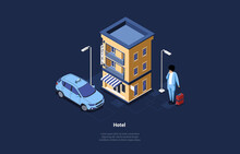 Isometric Composition In Cartoon 3D Style On Dark Background With Writing. Vector Illustration Of Hotel Building, Taxi Automobile And Male Character With Suitcase Near. Business Travelling Concept