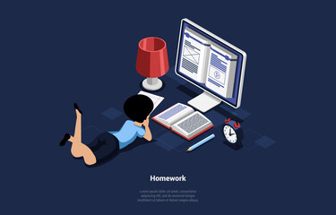 Wall Mural - Student Doing Homework Behind Computer Monitor With Information On Screen. Character Lying Near Study Supplies Book, Pencil, Clock And Paper Learning. Isometric Vector Composition, Cartoon 3D Style