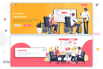 Poster - Coaching landing pages set. Business training, motivation and mentoring corporate website. Flat vector illustration with people characters. Web concept use as header, footer or middle content.