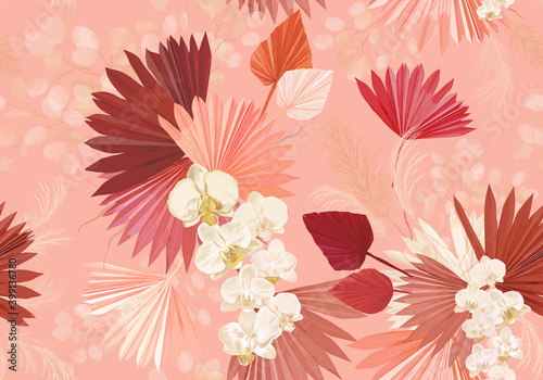 Papel de parede Tropical orchid flower, palm leaves, pampas grass, lunaria vector seamless background