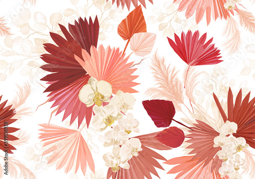 Fotografia Tropical orchid flower, palm leaves, pampas grass, lunaria vector seamless background