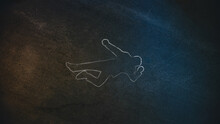 Top Down Shot Of A Chalk Body Outline On The Pavement Symbolizing A Crime Scene Done On A Street At Night. Forensic Science Investigate Horrbile Murder With Death.