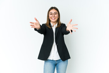 young caucasian business woman feels confident giving a hug to the camera.