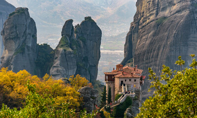 Roussanou monastery, an unesco world heritage site,  located on a unique rock formation  above the village of Kalambaka during fall season.