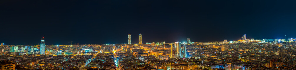 Sticker - Panorama of Barcelona city illuminated at night. Spain