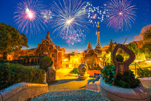 Beautiful Fireworks Show In Barcelona Seen From Park Guell. Park Was Built From 1900 To 1914 And Was Officially Opened As A Public Park In 1926. In 1984, UNESCO Declared The Park A World Heritage Site