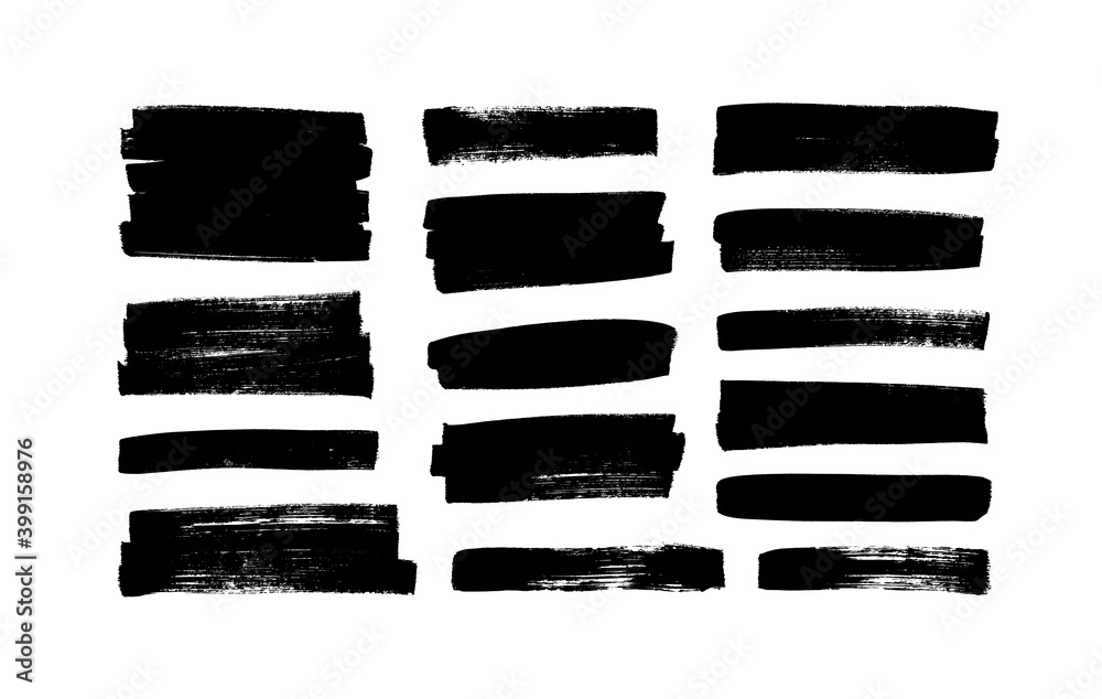 Vector black paint, ink brush strokes, rectangular shapes. Dirty grunge design elements, rectangle or background for text. Grungy black smears or rough lines. Hand drawn grunge ink illustration  - obrazy, fototapety, plakaty 
