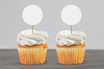 Cupcake Topper Mockup with Two Gold Cupcakes