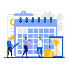 Poster - Business planning, schedule, work control concept with tiny character. People with a phone checks the list of plans and pencil makes notes flat vector illustration. Management, organization metaphor