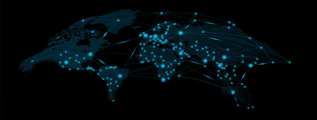 World map with curve  3d. Global social network. Future. Vector. Blue futuristic background with planet Earth. Internet and technology. geometric background.light point.light line.