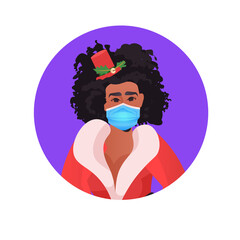 Wall Mural - african american woman in festive hat wearing mask to prevent coronavirus pandemic new year christmas holidays celebration concept portrait vector illustration