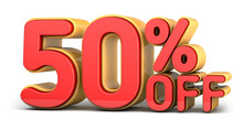 Red and yellow text, 50% off isolated on white background. Off 50 percent. Sales concept. 3d illustration.