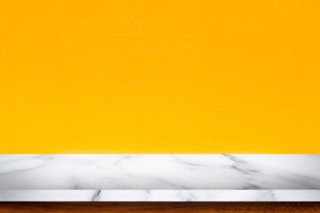 Sticker - Empty top of white marble table with yellow concrete textured wall background.