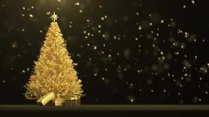 Poster - golden christmas tree with gift box set with snow particles falling on black background. selective f