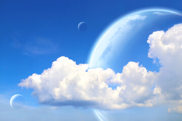 Wall Mural - fantastic sky with white clouds and three planets