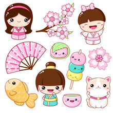 Set Of Cute Icons In Kawaii Style