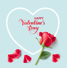 Valentines day design templates. Blue background with heart shape, red rose and petals. Happy Valentines Day calligraphic lettering. Vector illustration