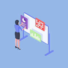 Poster - Female employee analyzing various data on whiteboard