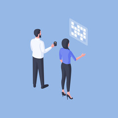 Poster - Isometric man and woman examining calendar together