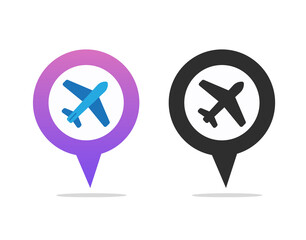 Poster - Airport place pin pointer icon vector sign, plane on map position marker idea, airplane travel agency location symbol isolated