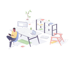Poster - Designer working in office isometric illustration. Male character with tablet is correcting project.
