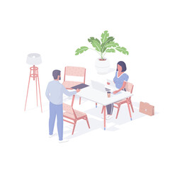 Poster - Managers work in office realistic isometric. Female character behind laptop analyzes financial data.