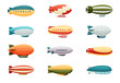 Passenger airships set. Bright colored cigar shaped balloons retro zeppelin with stripes cabins for people elongated huge balloons with helium for free travel tourism. Vector cartoon art