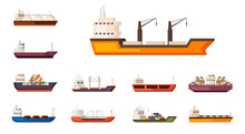 Freight Sea Container Ships Set. Heavy Ships With Loading Cranes On Board Large Transport Water Carriers With Industrial Volume Commercial Tankers With Sea Delivery Any Ports. Vector Cargo Flat