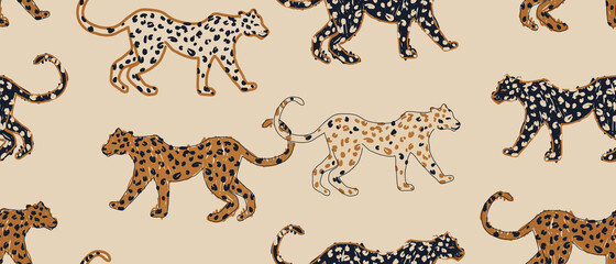 Wall Mural - Hand drawn abstract pattern with leopards. Creative collage contemporary seamless pattern. Natural colors. Fashionable template for design.