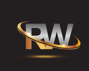 initial letter RW logotype company name colored gold and silver swoosh design. isolated on black background.