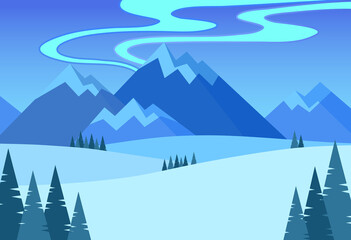 Wall Mural - Cartoon Color Winter Mountains Landscape Scene Concept. Vector