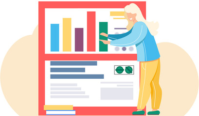 Fototapete - Businesswom analyzing report diagram and investment plan. Girl points to a bar graph on the background. Female character is working with technique. Manager is examining indicators and statistics