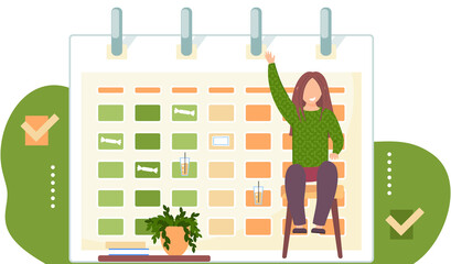 Fototapete - Happy girl sitting on a chair and raising her hand up. Adolescent learning activity indicators. Data analysis concept. Billboard with calendar and marks. Notebook with timetable on green background