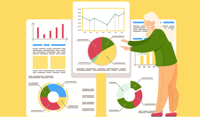 Fototapete - Woman stands near a chart in the office. Presentation of business development or investment growth. Analysis report on graph. Vector flat illustration businesswoman analyzes statistical indicators